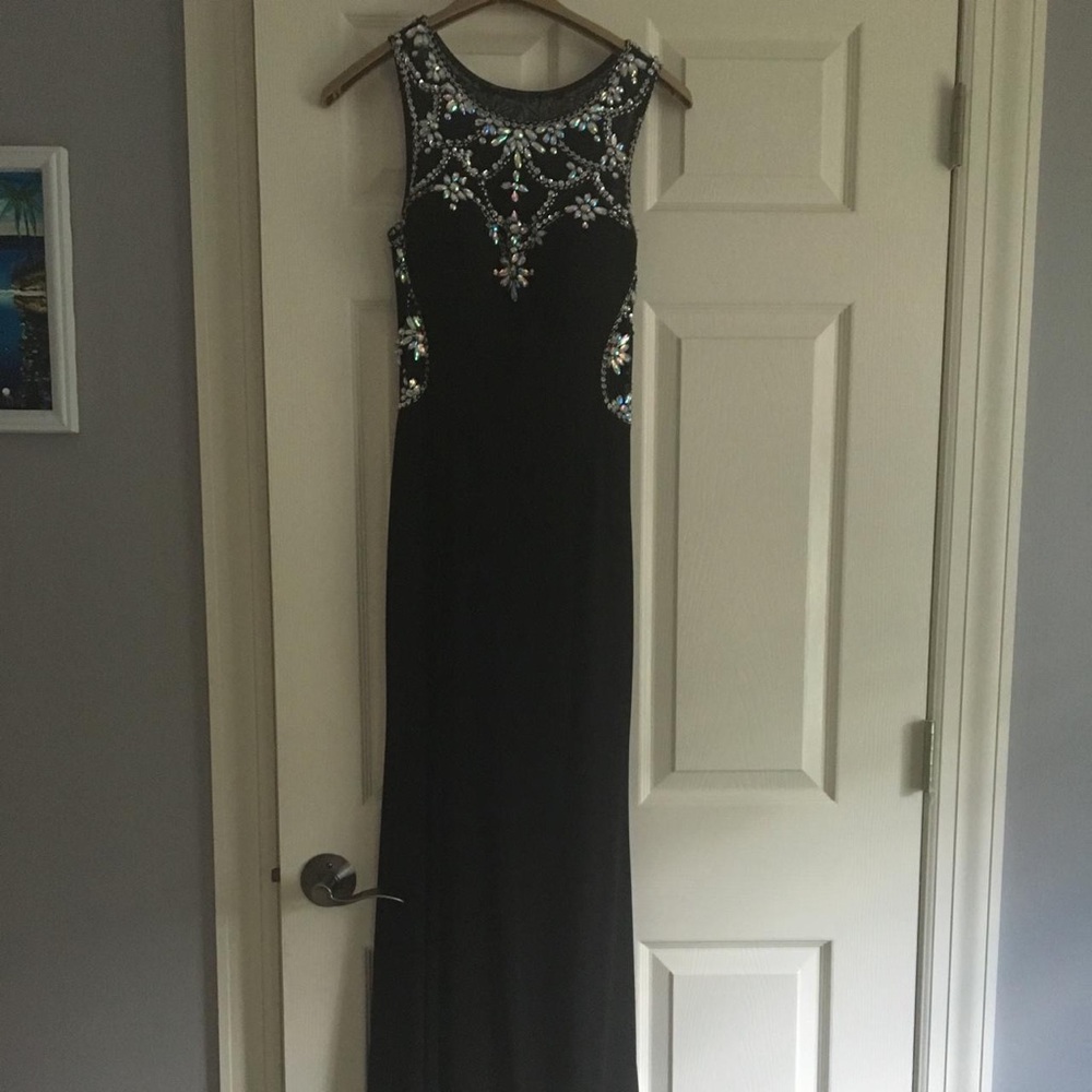 Black Dress with Pink Slit and Jeweled Back